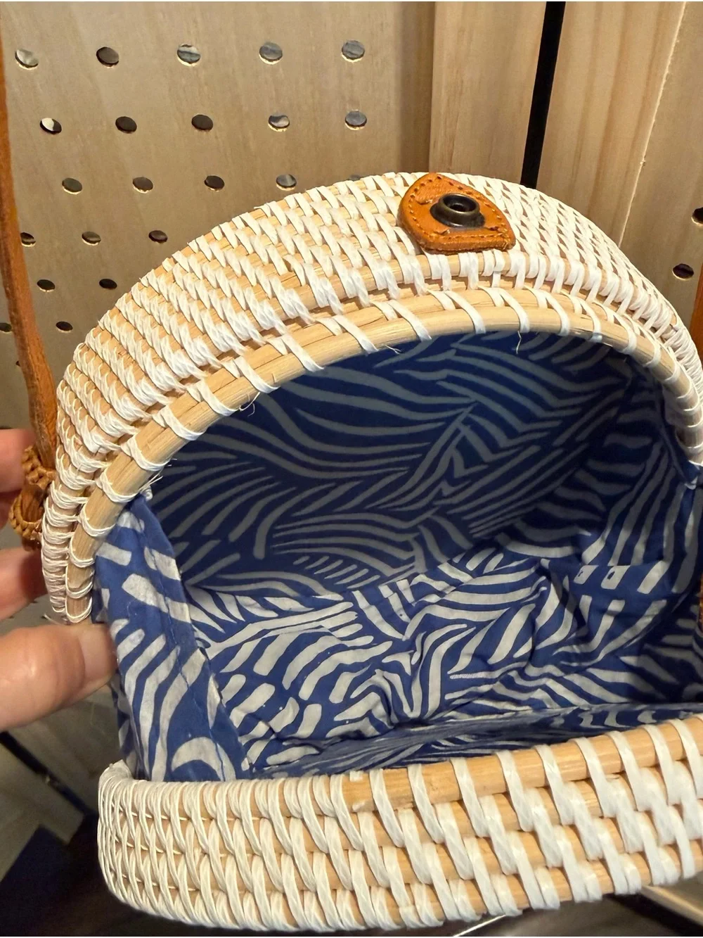 Women’s Round Woven Crossbody Bag — White with Tan Trim